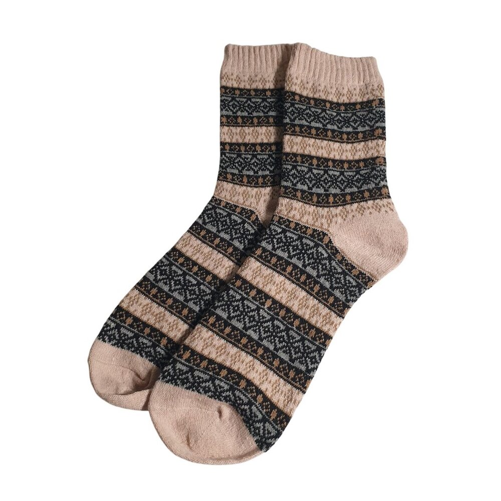 Colorful Knit Crew Socks Beige Black Men Gift Stripes Poly Blend Warm Cabin Core